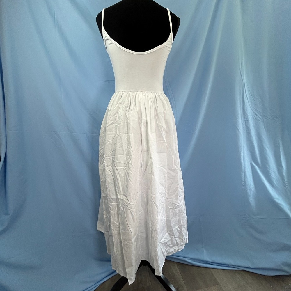 Commense Cami Midi Dress Womens M White Cotton Stretch Pleated Spaghetti Strap - Picture 2 of 12